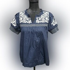 J. Crew Navy Blouse with White Floral Embroidery